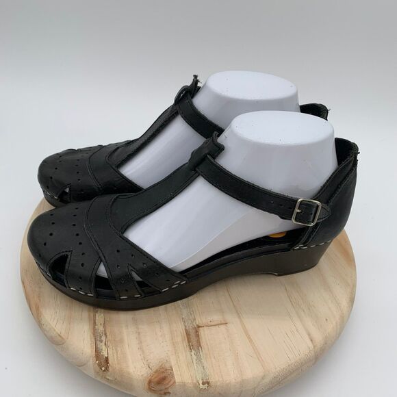 Swedish Hasbeens Toffel Clogs Women 37 US 7 Low Heel Leather Wood Sandals Black - Picture 6 of 8